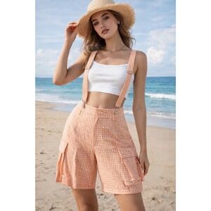 The Ragged Priest Peach Gingham Cargo Shorts with Detachable Straps Size S